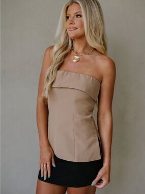 These Three Strapless Fold-Over Bustier Top in Tan
